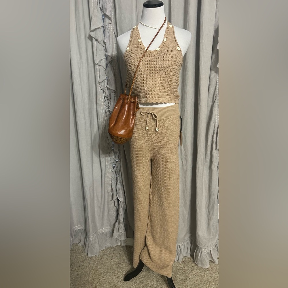 NWT Sincerely Jules Beige Knit Wide Leg Pants size small # 913